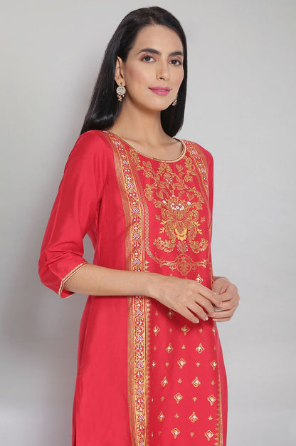 Red Round Neck Printed Straight kurta