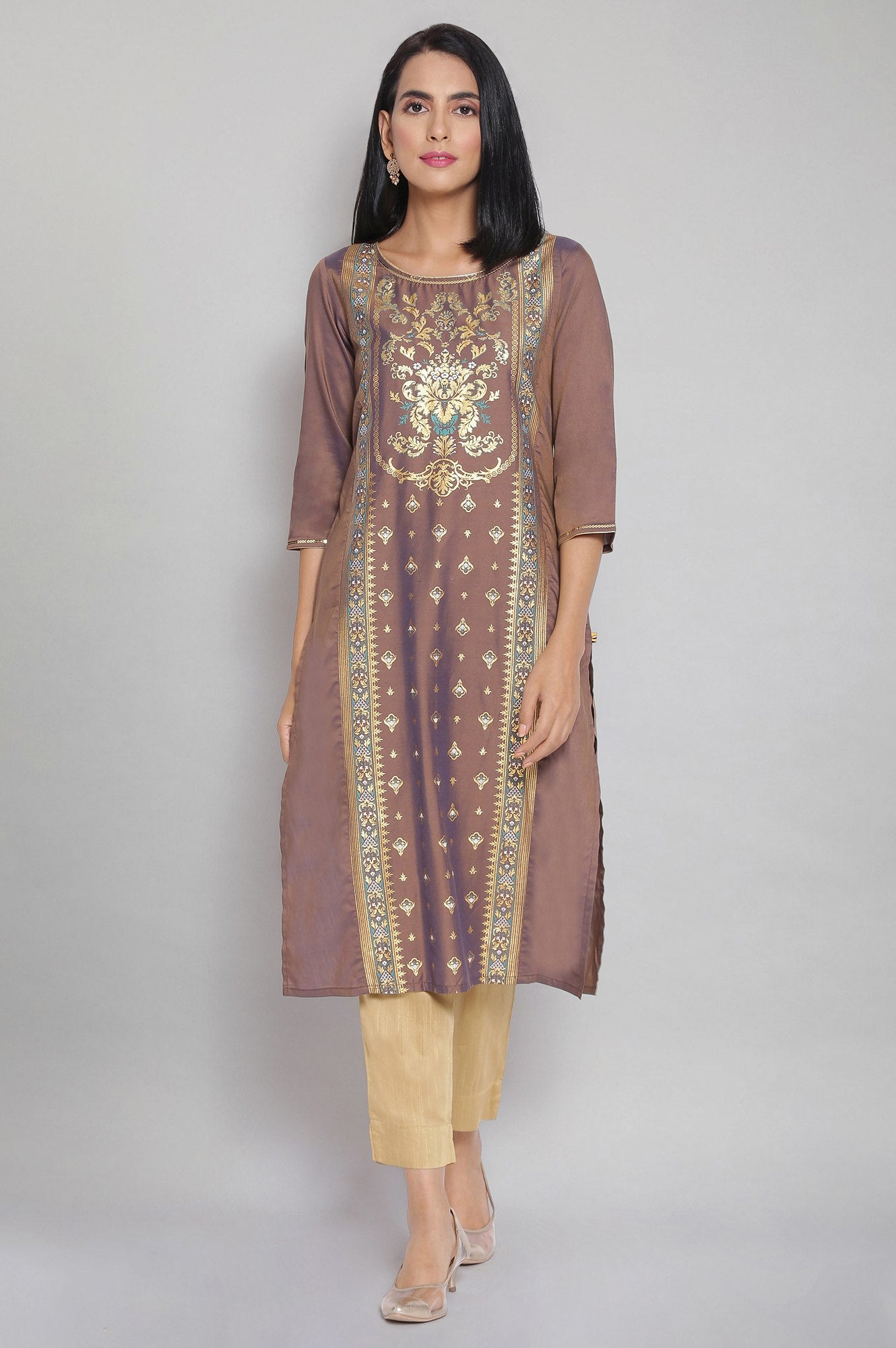 Brown Round Neck Printed Straight kurta