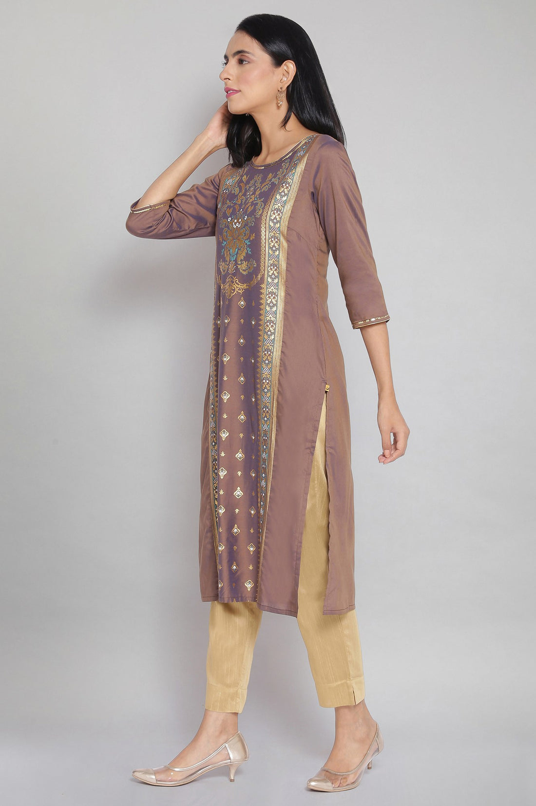 Brown Round Neck Printed Straight kurta