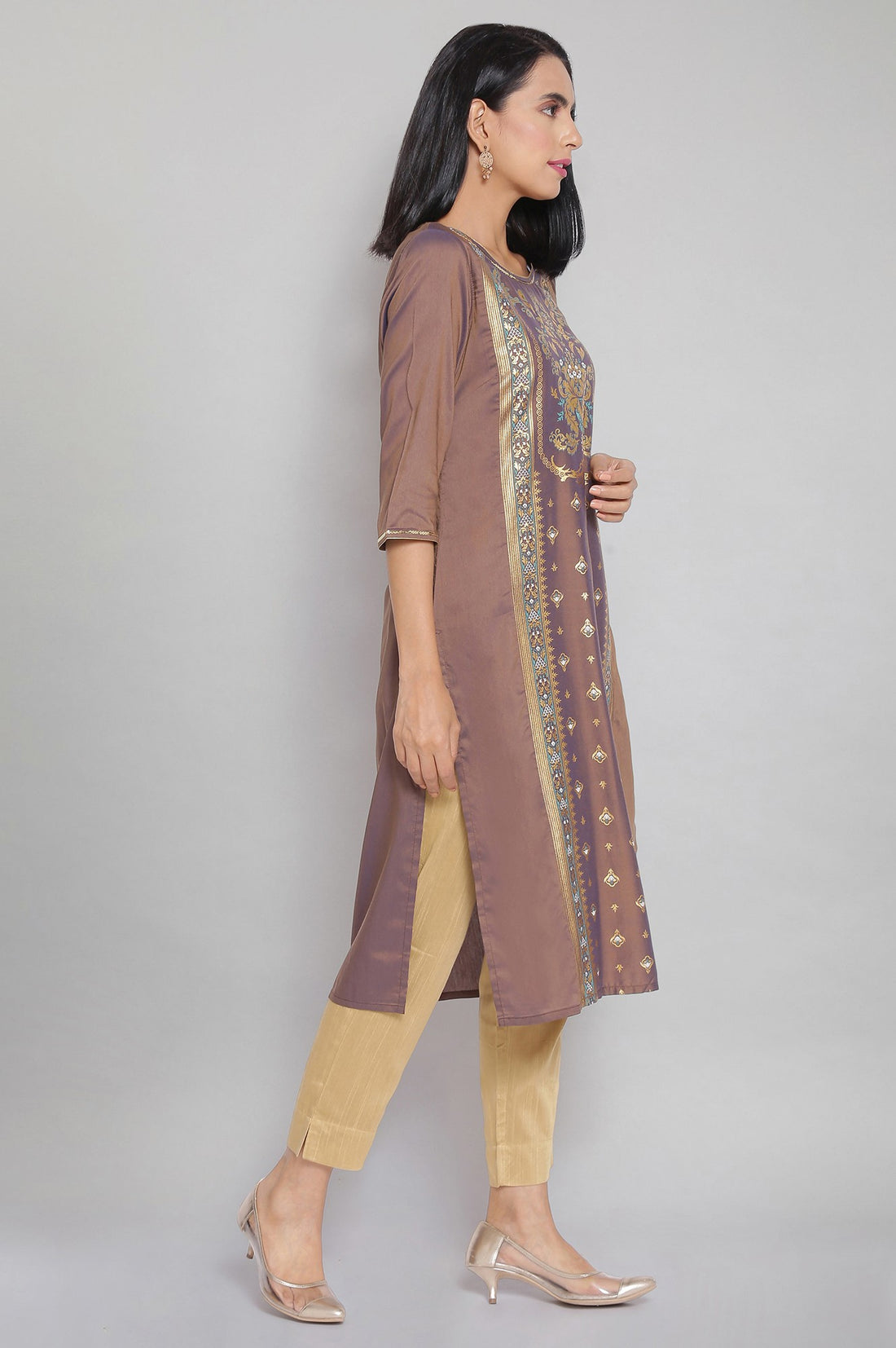 Brown Round Neck Printed Straight kurta