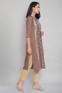 Brown Round Neck Printed Straight kurta