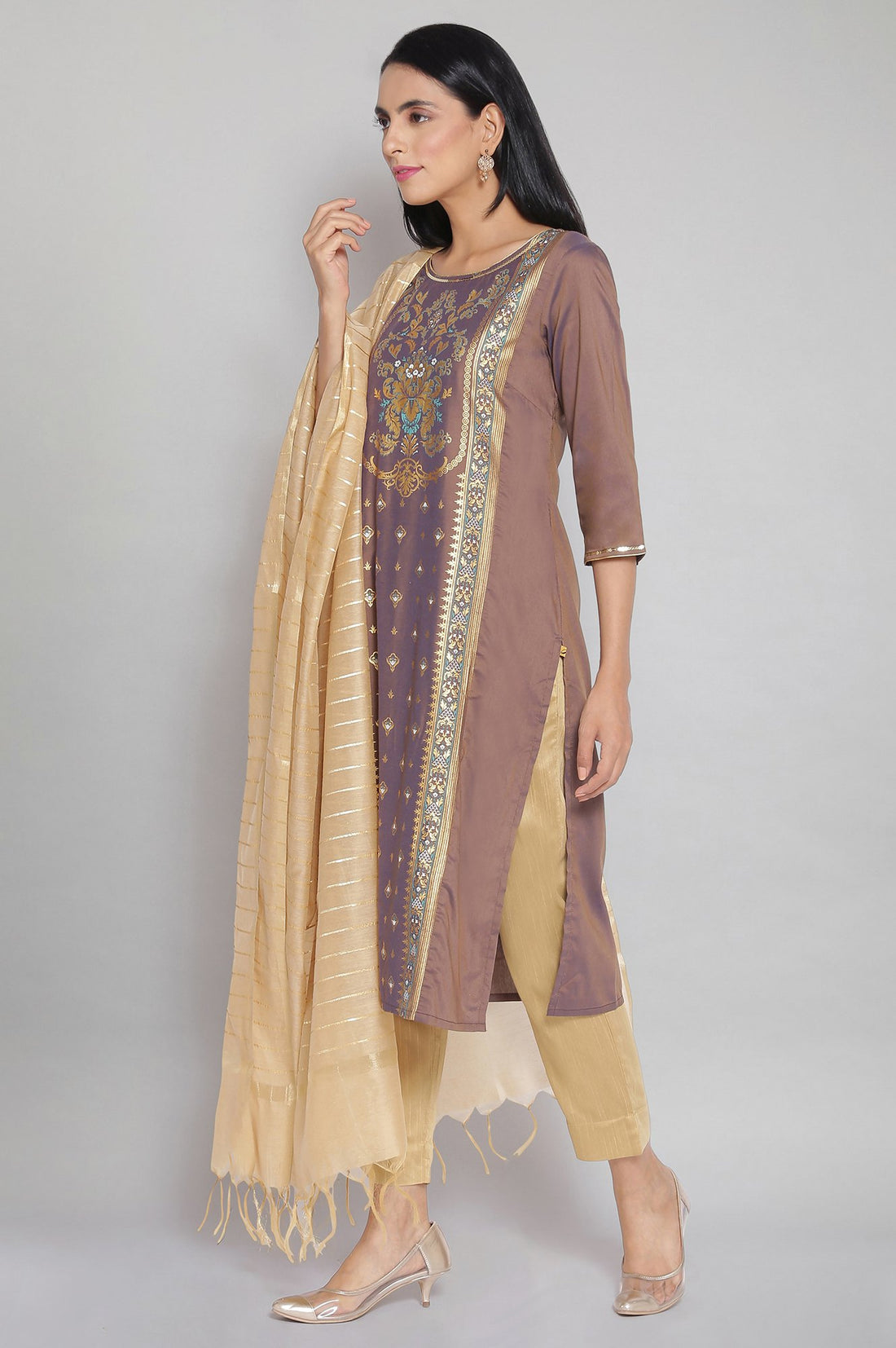 Brown Round Neck Printed Straight kurta