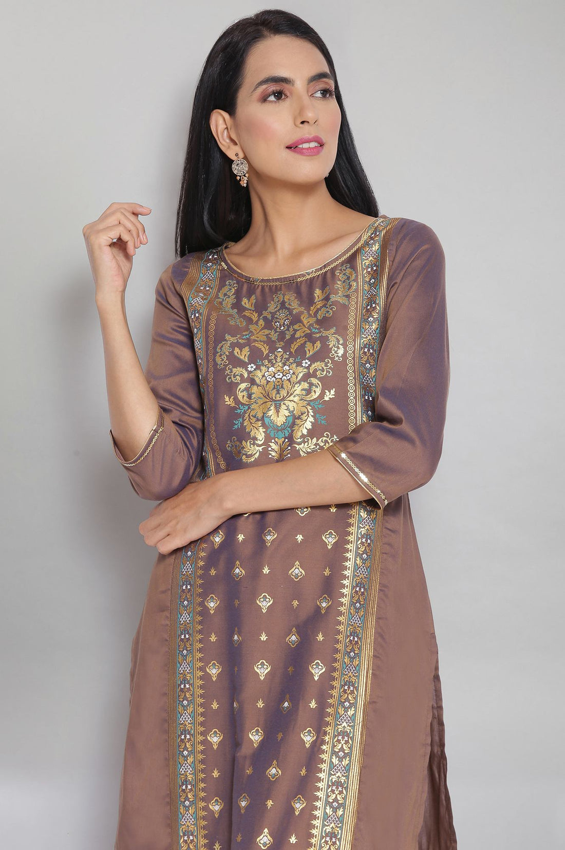 Brown Round Neck Printed Straight kurta