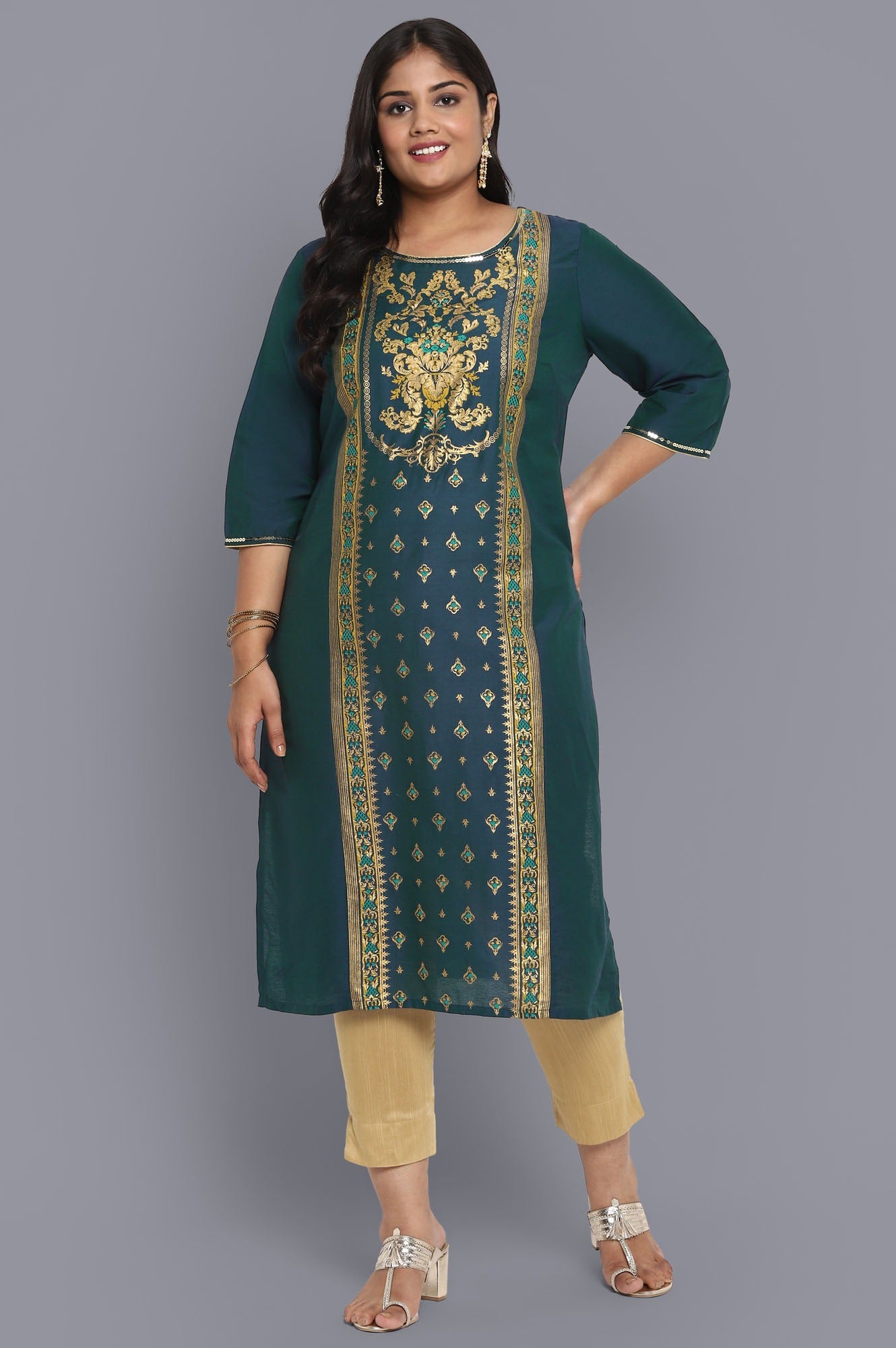 Green Round Neck Printed Straight kurta