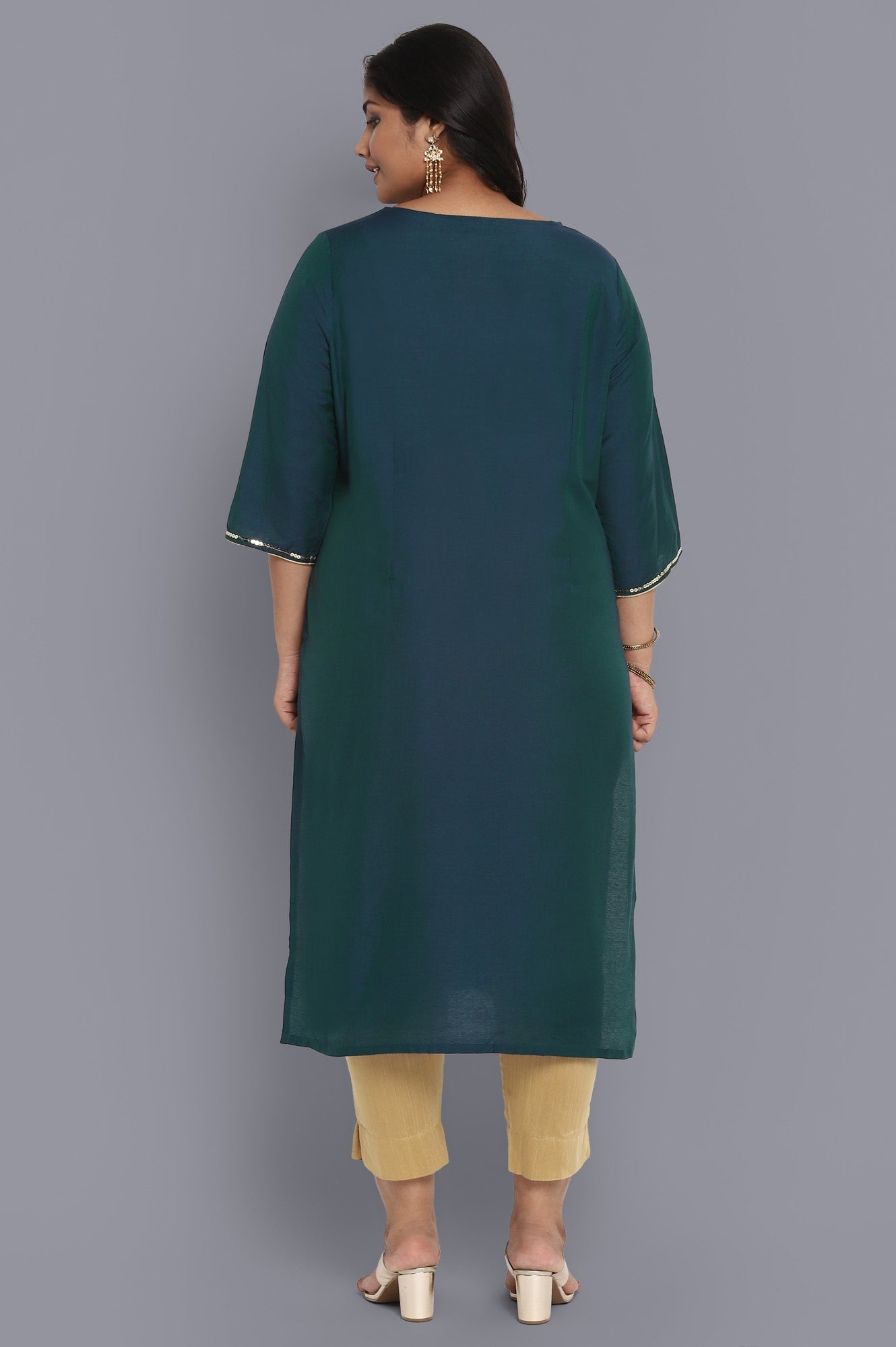 Green Round Neck Printed Straight kurta