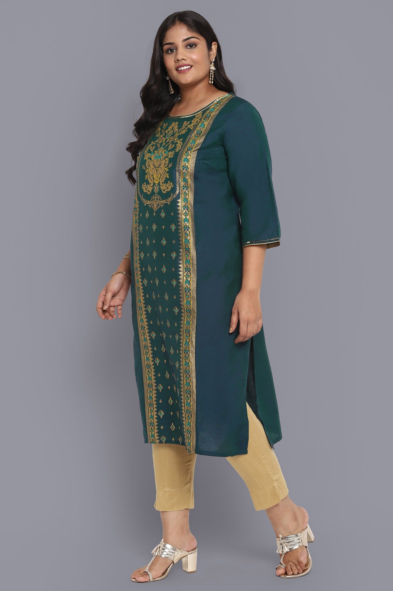 Green Round Neck Printed Straight kurta