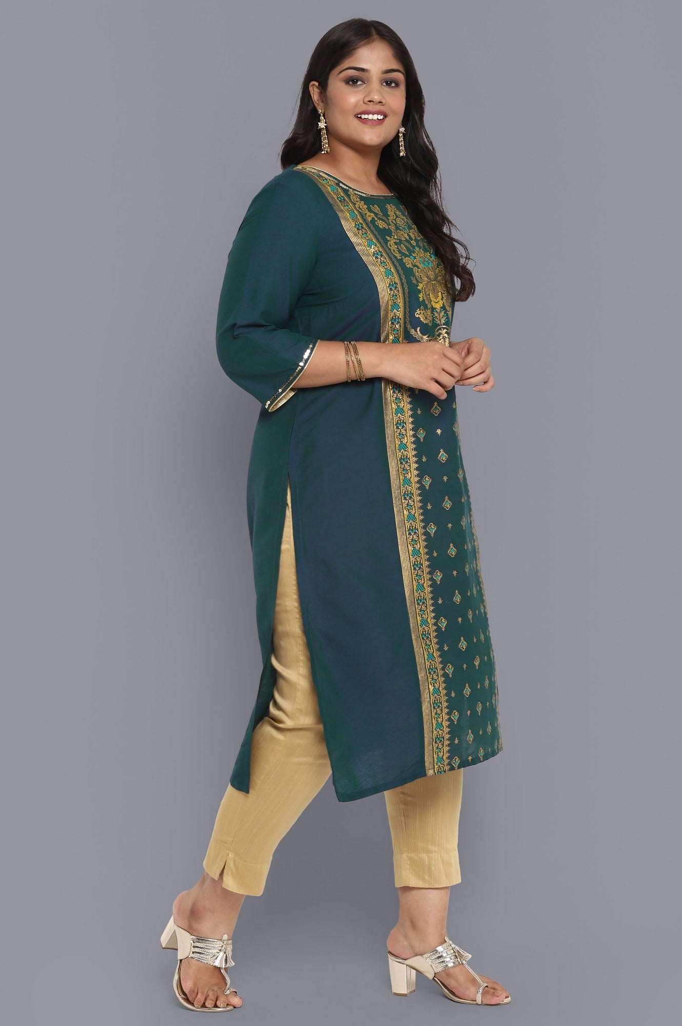 Green Round Neck Printed Straight kurta