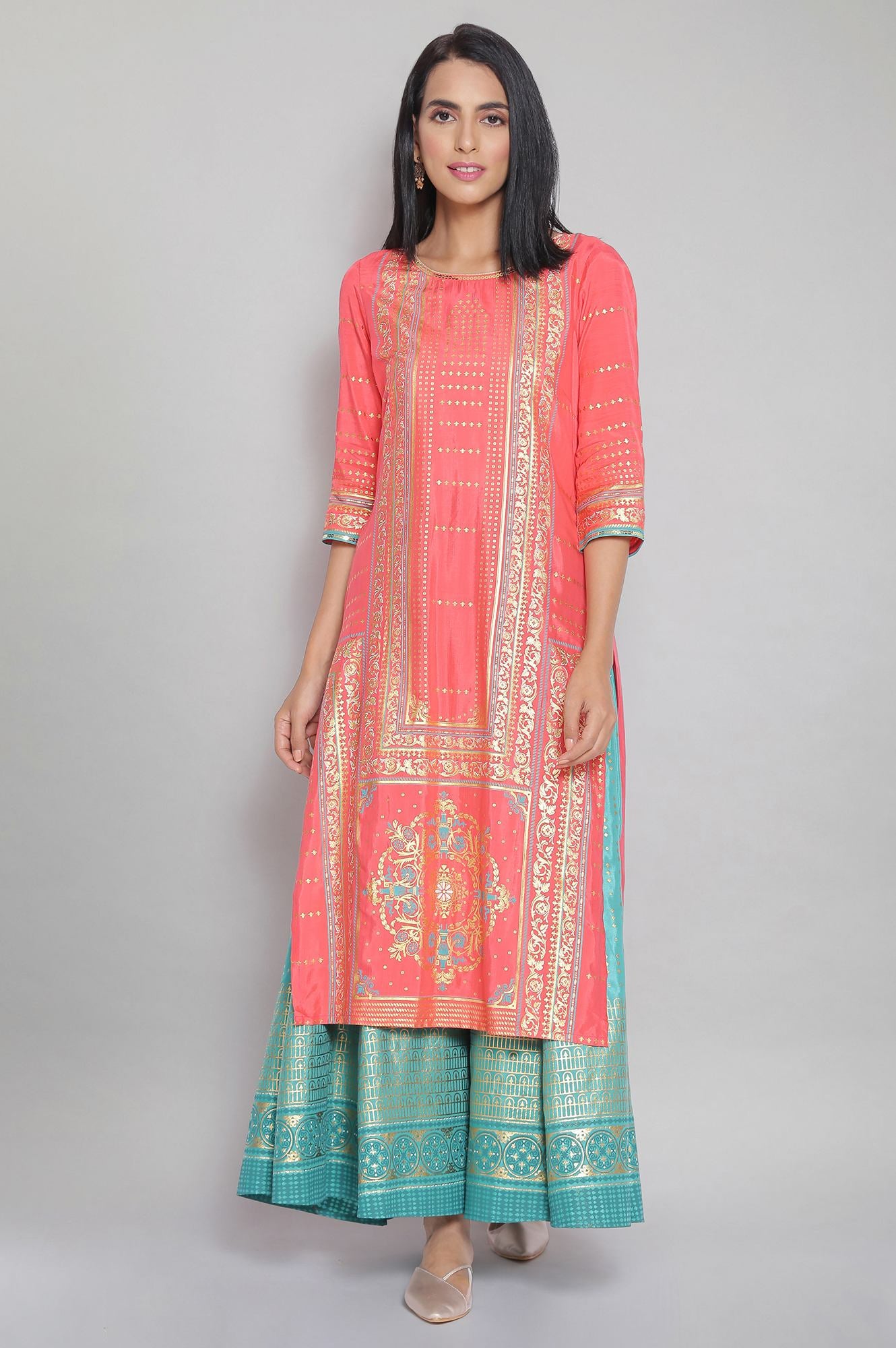 Peach Round Neck Printed Straight kurta