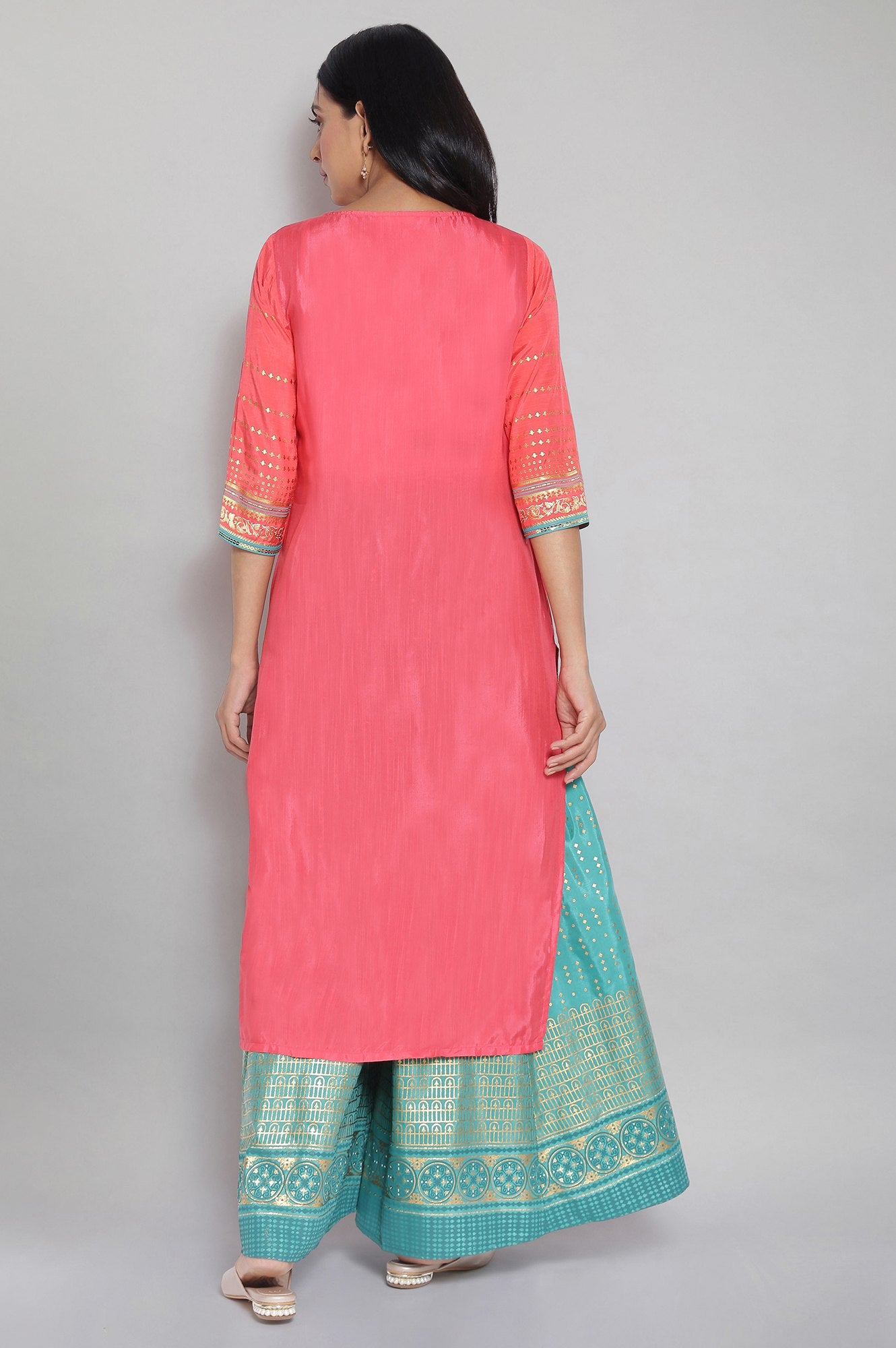 Peach Round Neck Printed Straight kurta