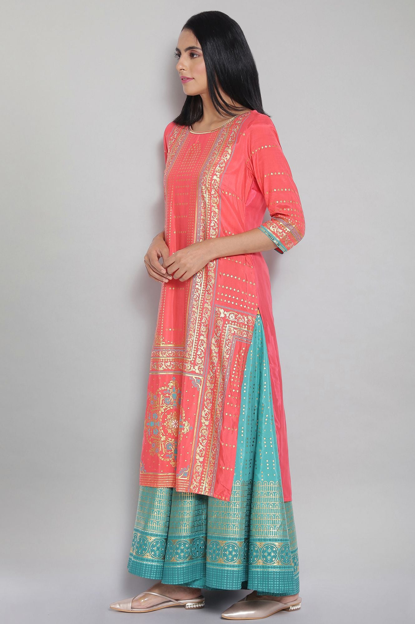 Peach Round Neck Printed Straight kurta