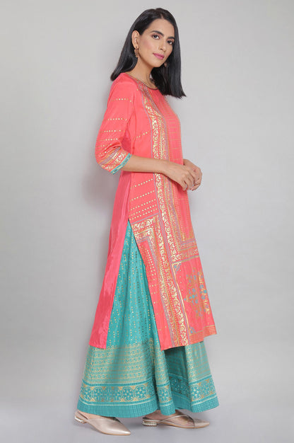 Peach Round Neck Printed Straight kurta