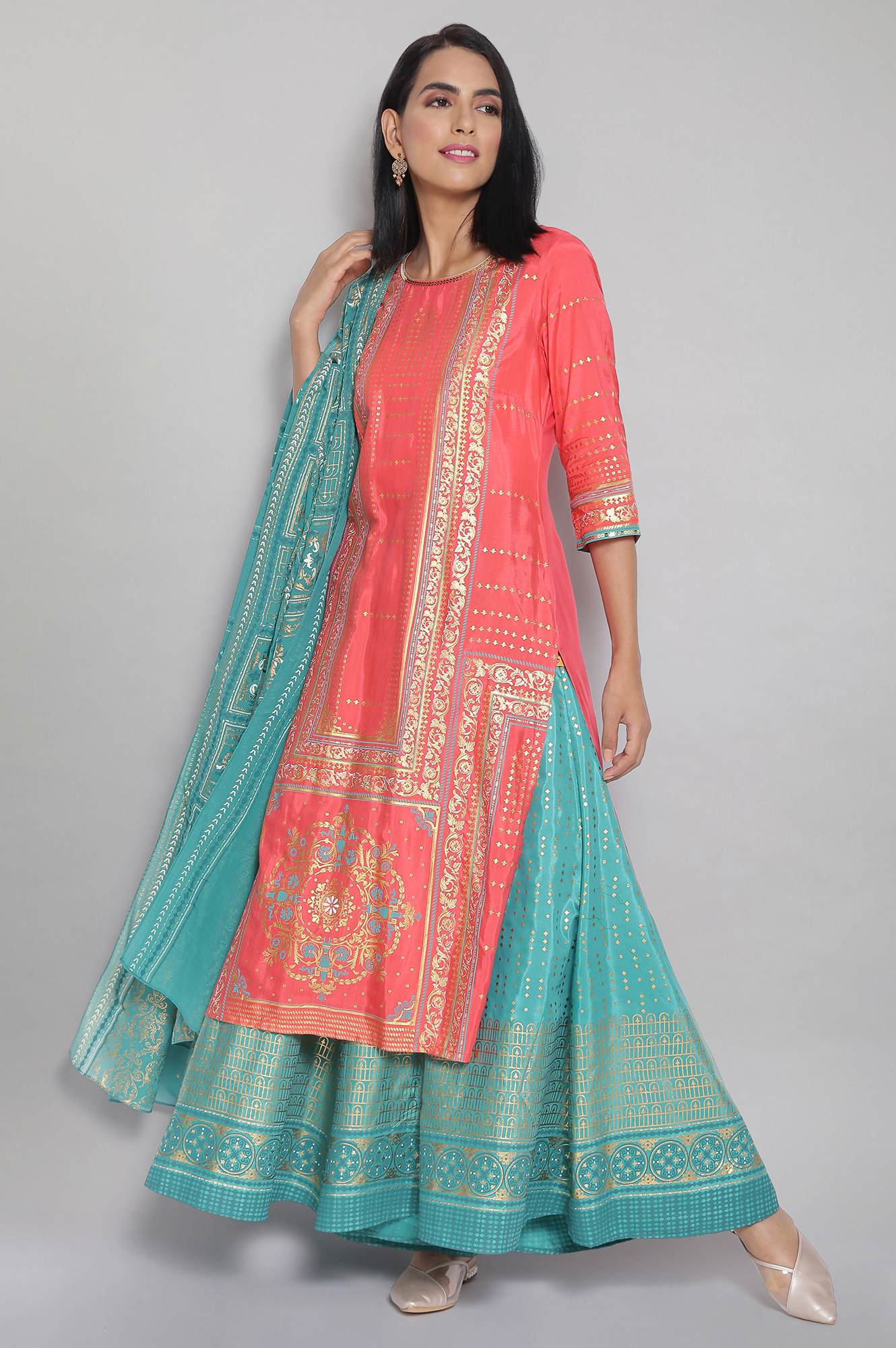 Peach Round Neck Printed Straight kurta