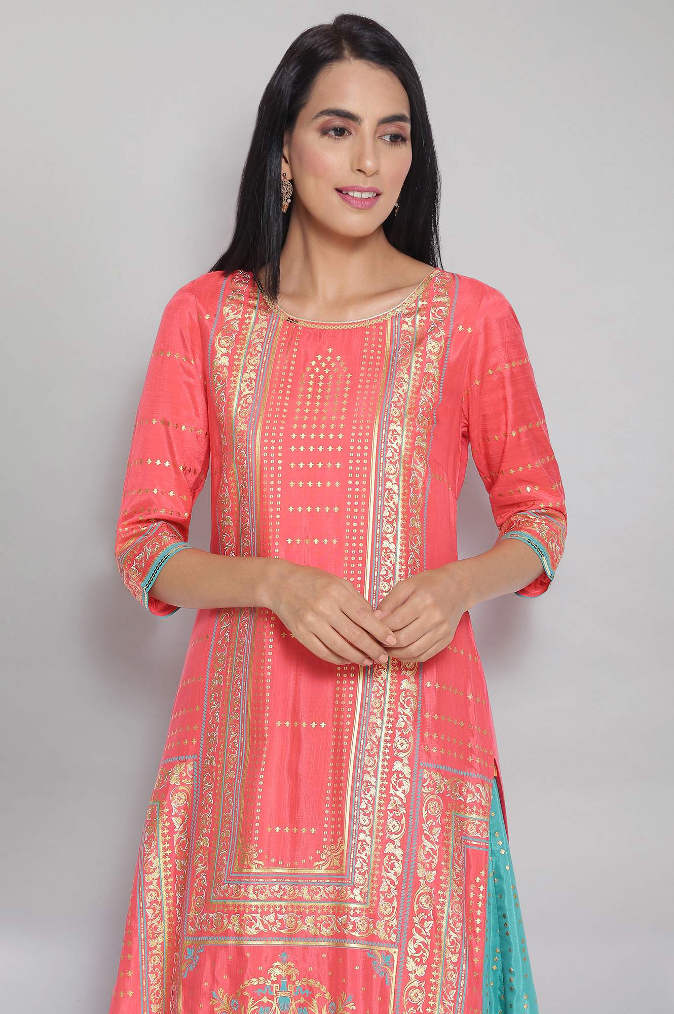 Peach Round Neck Printed Straight kurta