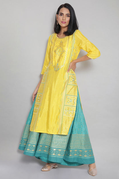 Yellow Round Neck Printed Straight kurta