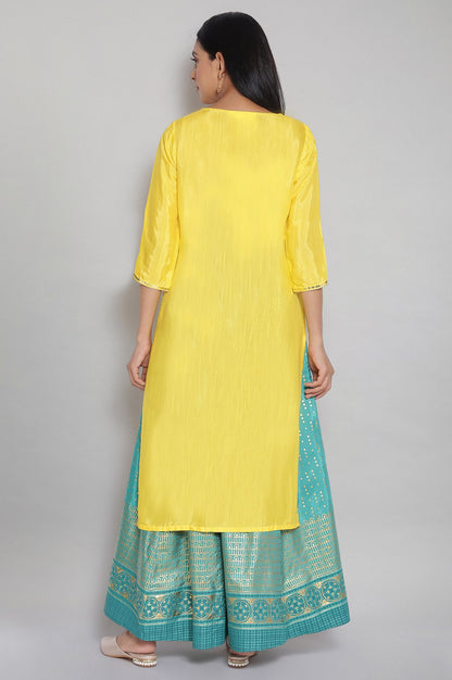 Yellow Round Neck Printed Straight kurta