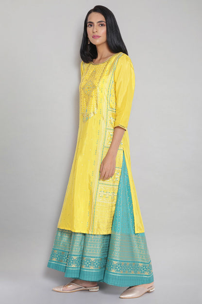 Yellow Round Neck Printed Straight kurta