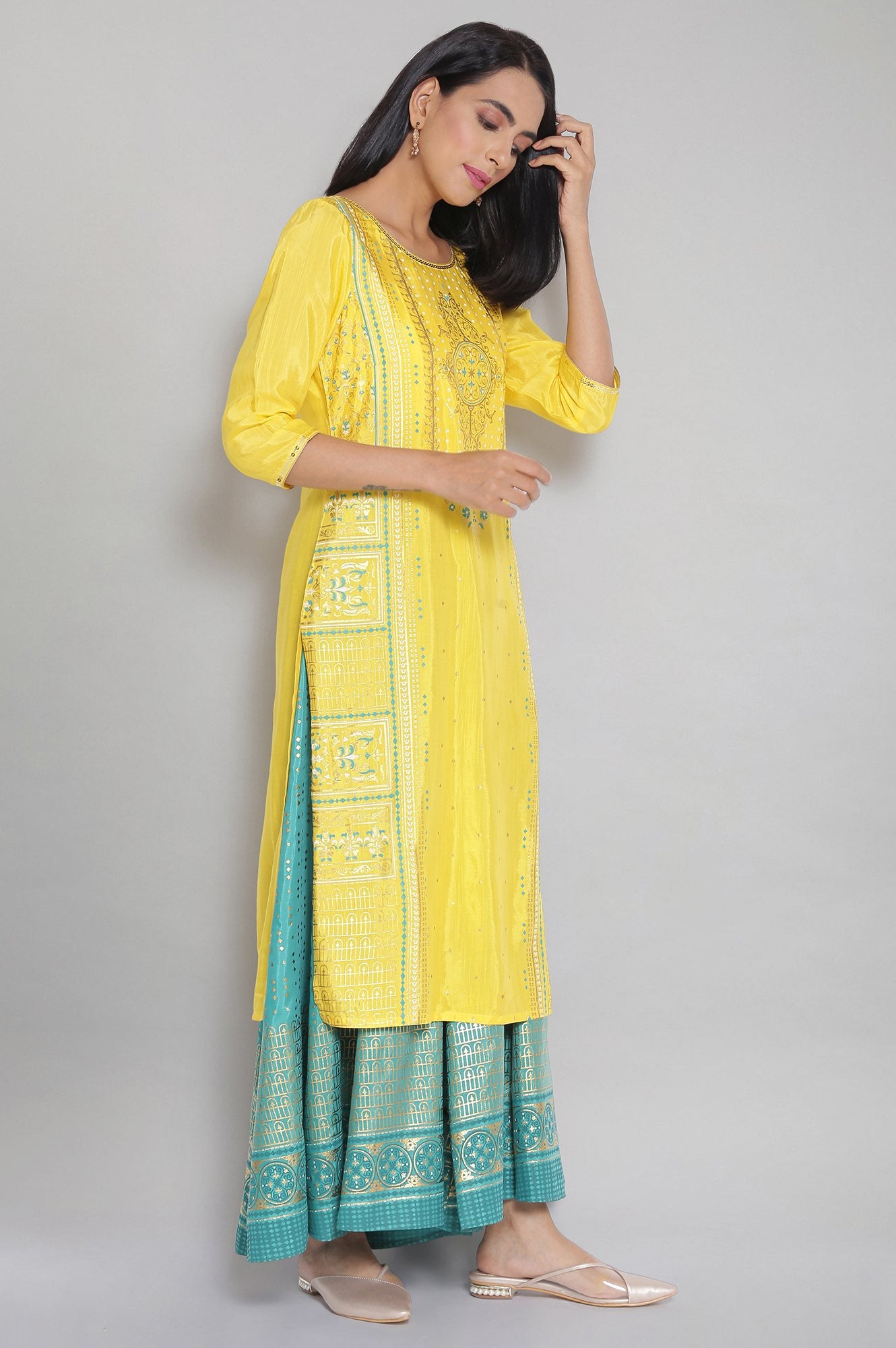 Yellow Round Neck Printed Straight kurta