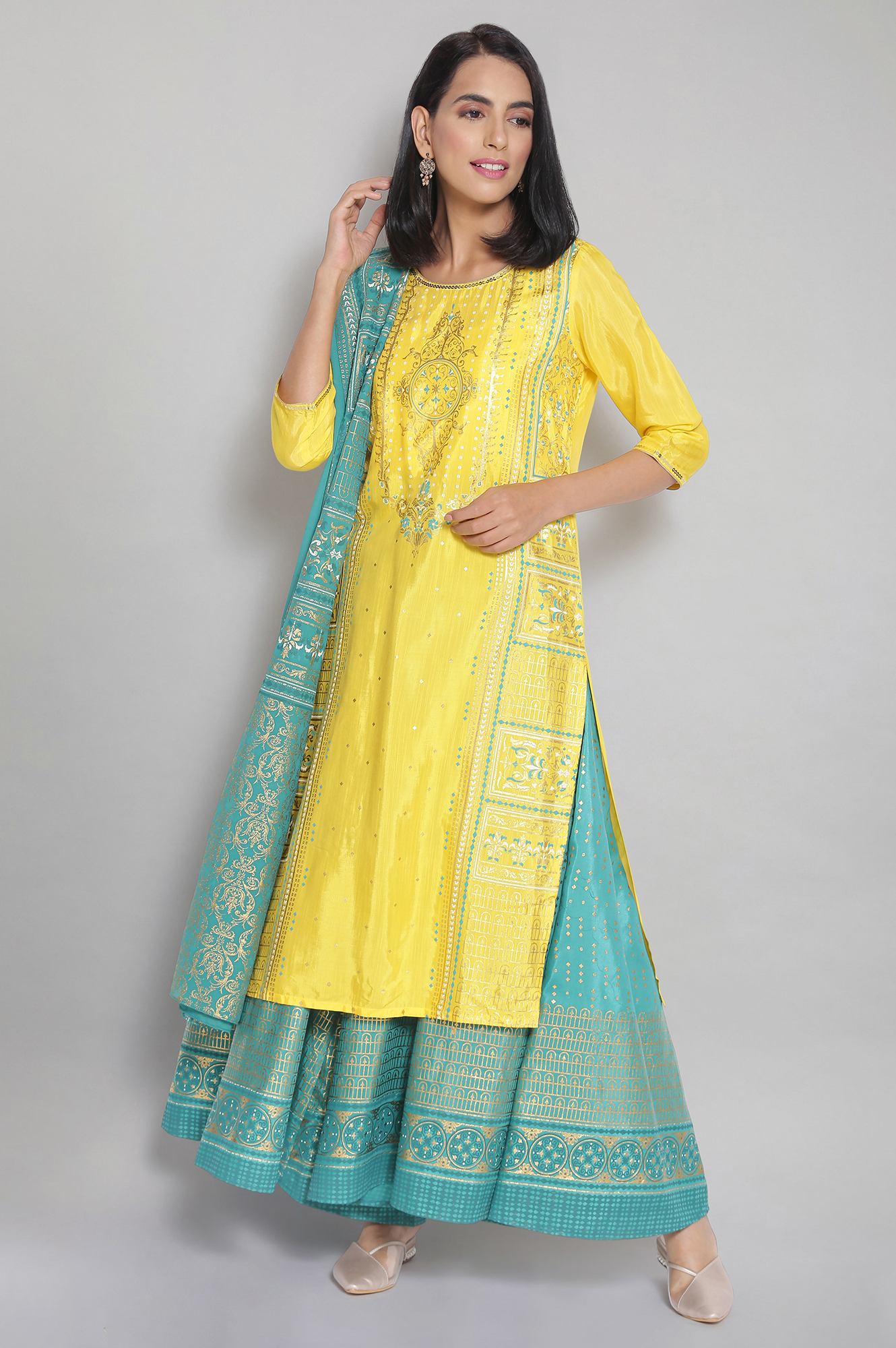 Yellow Round Neck Printed Straight kurta