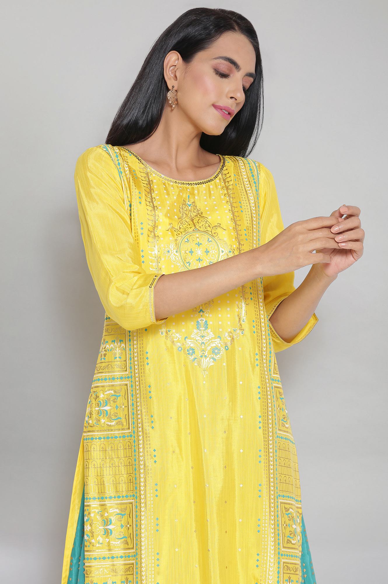 Yellow Round Neck Printed Straight kurta