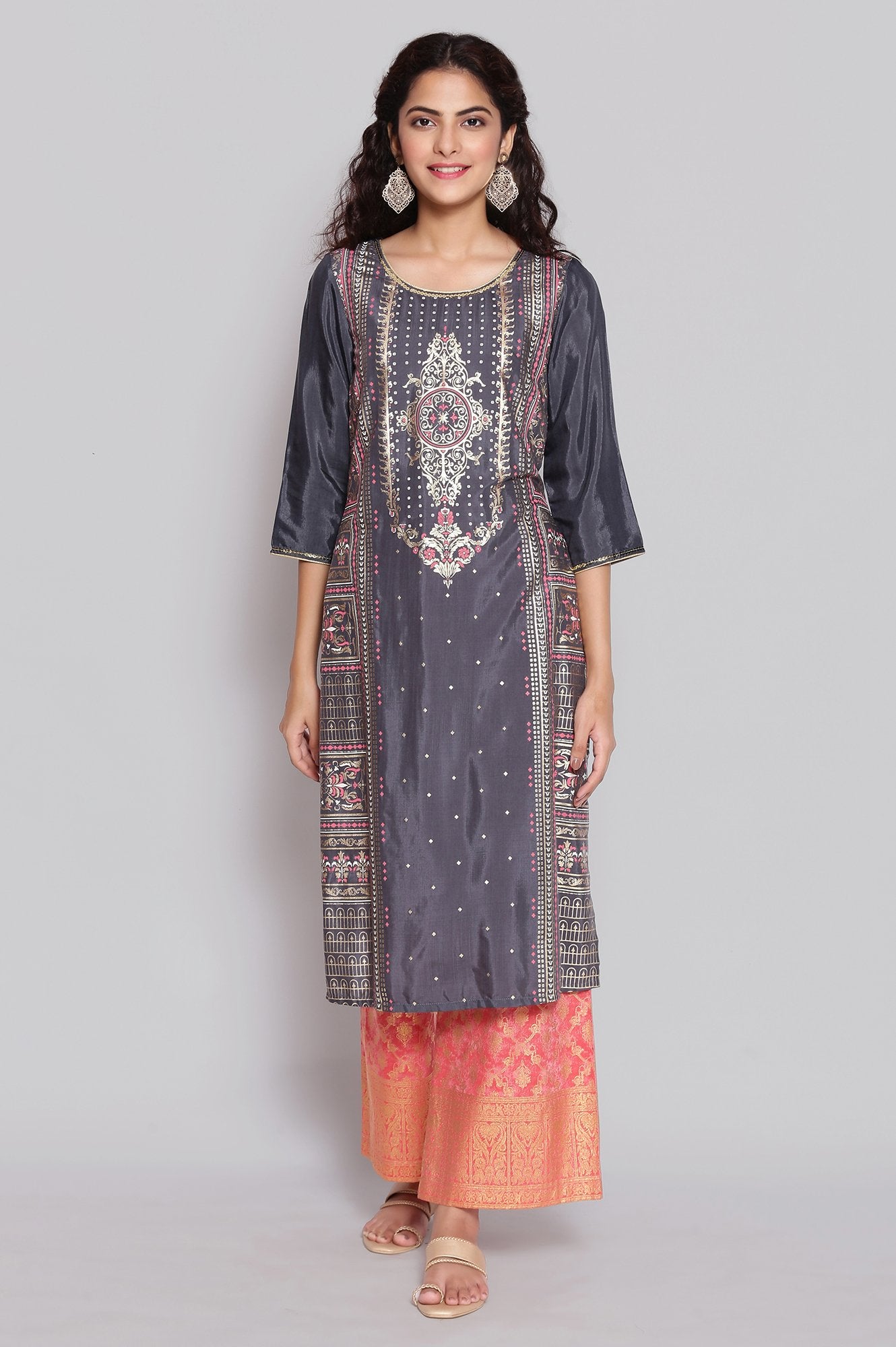 Grey Foil Print Straight kurta