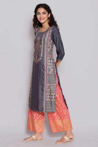 Grey Foil Print Straight kurta