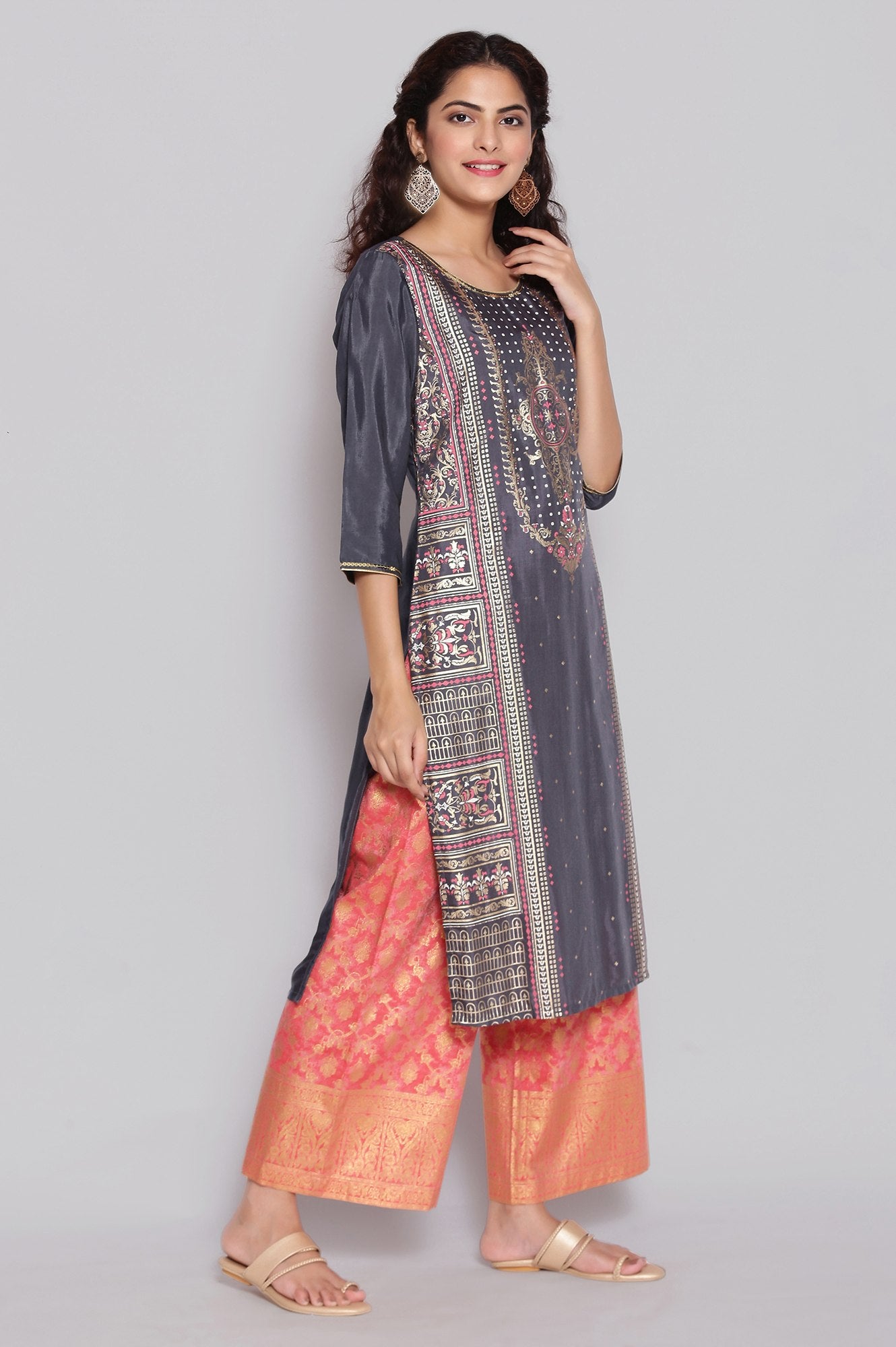 Grey Foil Print Straight kurta