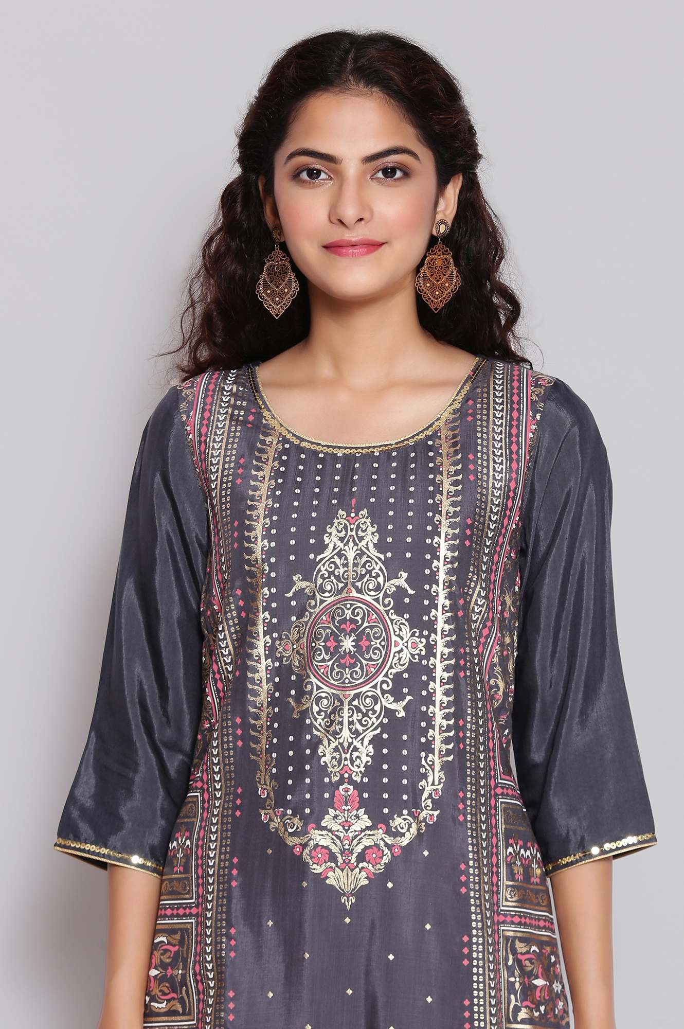 Grey Foil Print Straight kurta