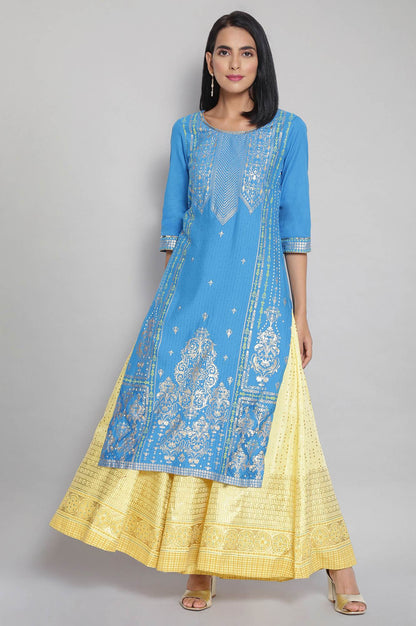 Blue Round Neck Printed Straight kurta