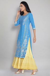 Blue Round Neck Printed Straight kurta