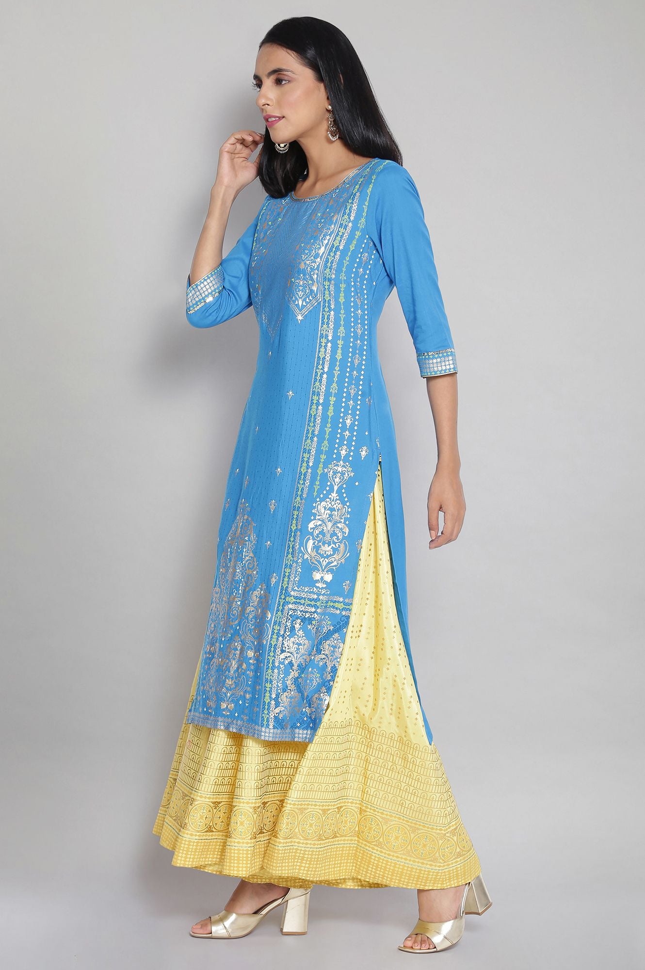 Blue Round Neck Printed Straight kurta