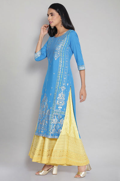 Blue Round Neck Printed Straight kurta