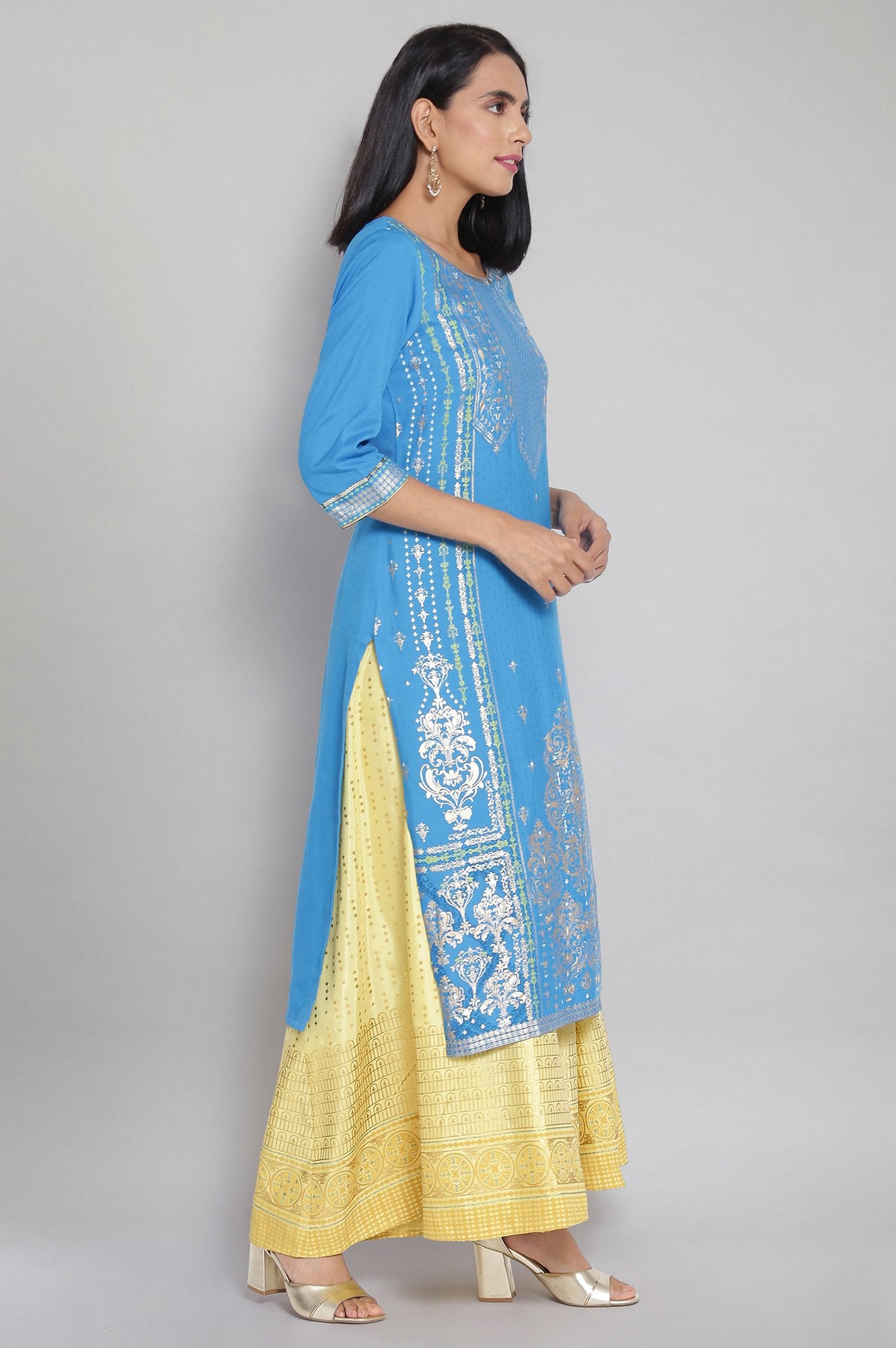 Blue Round Neck Printed Straight kurta