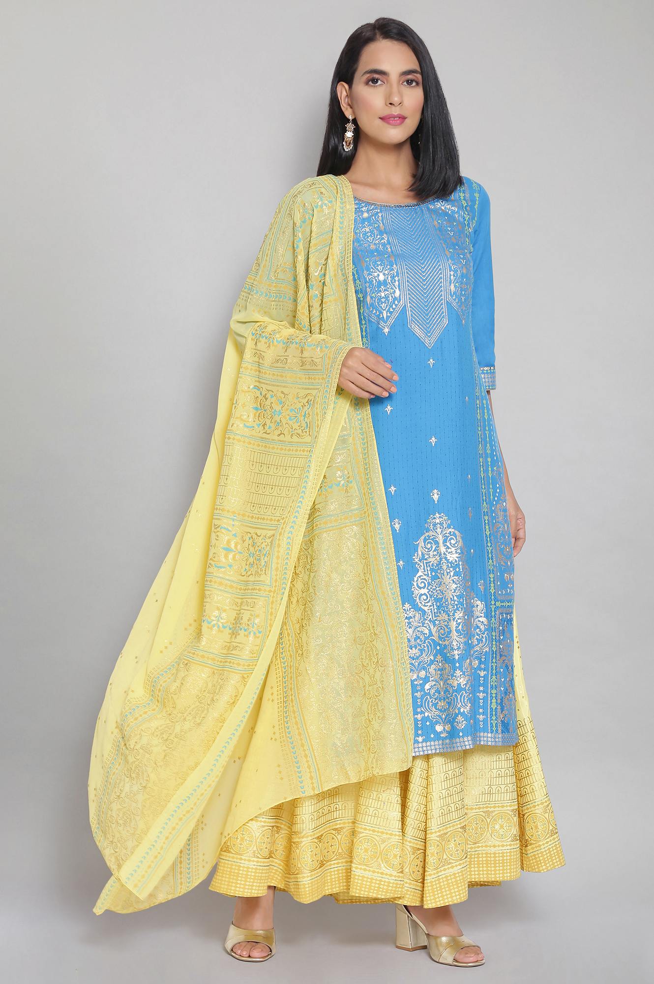 Blue Round Neck Printed Straight kurta