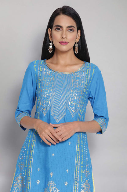 Blue Round Neck Printed Straight kurta