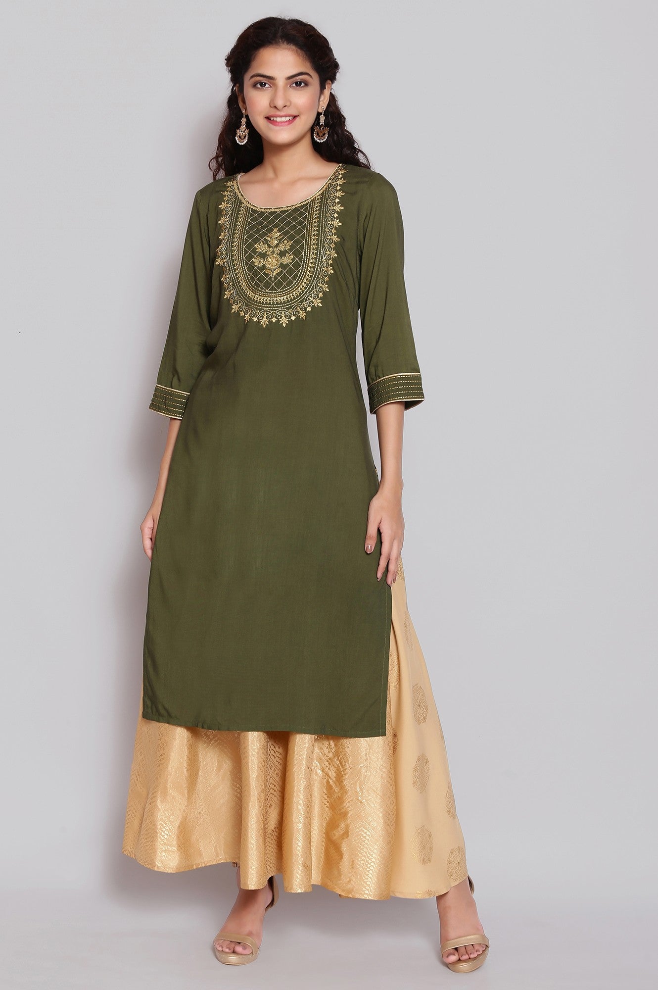 Olive Green Embroidered Ethnic kurta