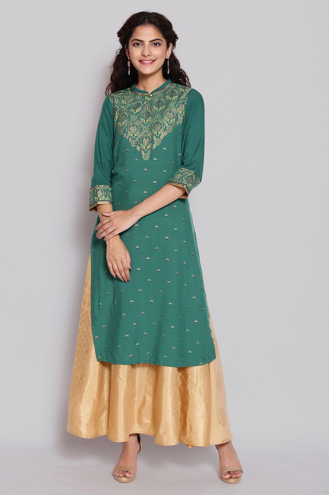 Green Mandarin Collar Printed Straight kurta