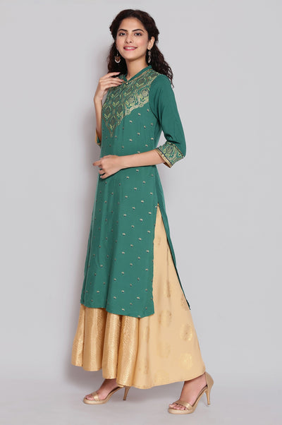 Green Mandarin Collar Printed Straight kurta