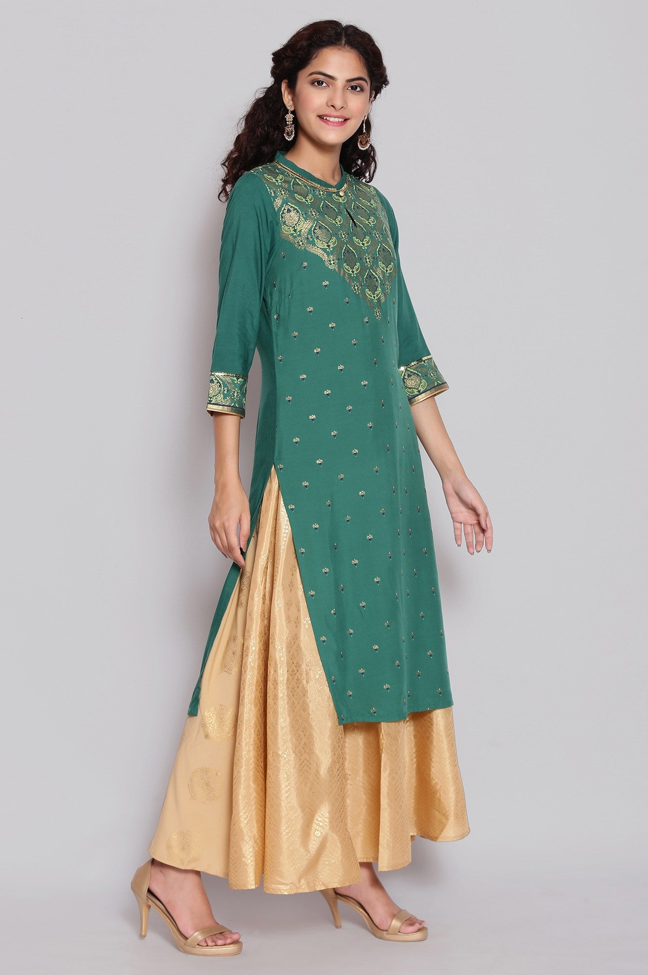 Green Mandarin Collar Printed Straight kurta