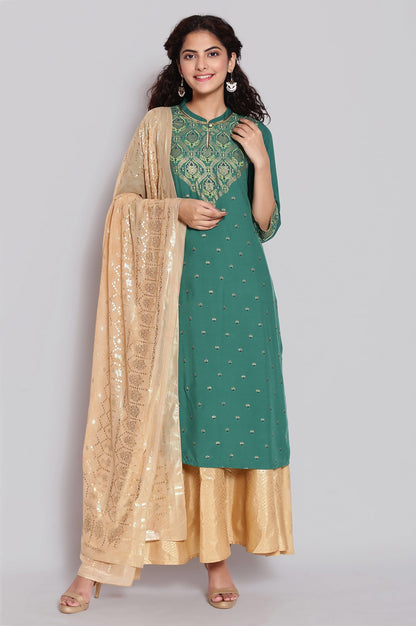 Green Mandarin Collar Printed Straight kurta