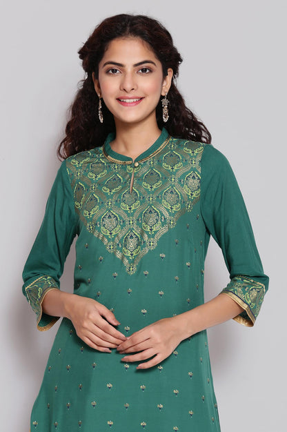 Green Mandarin Collar Printed Straight kurta