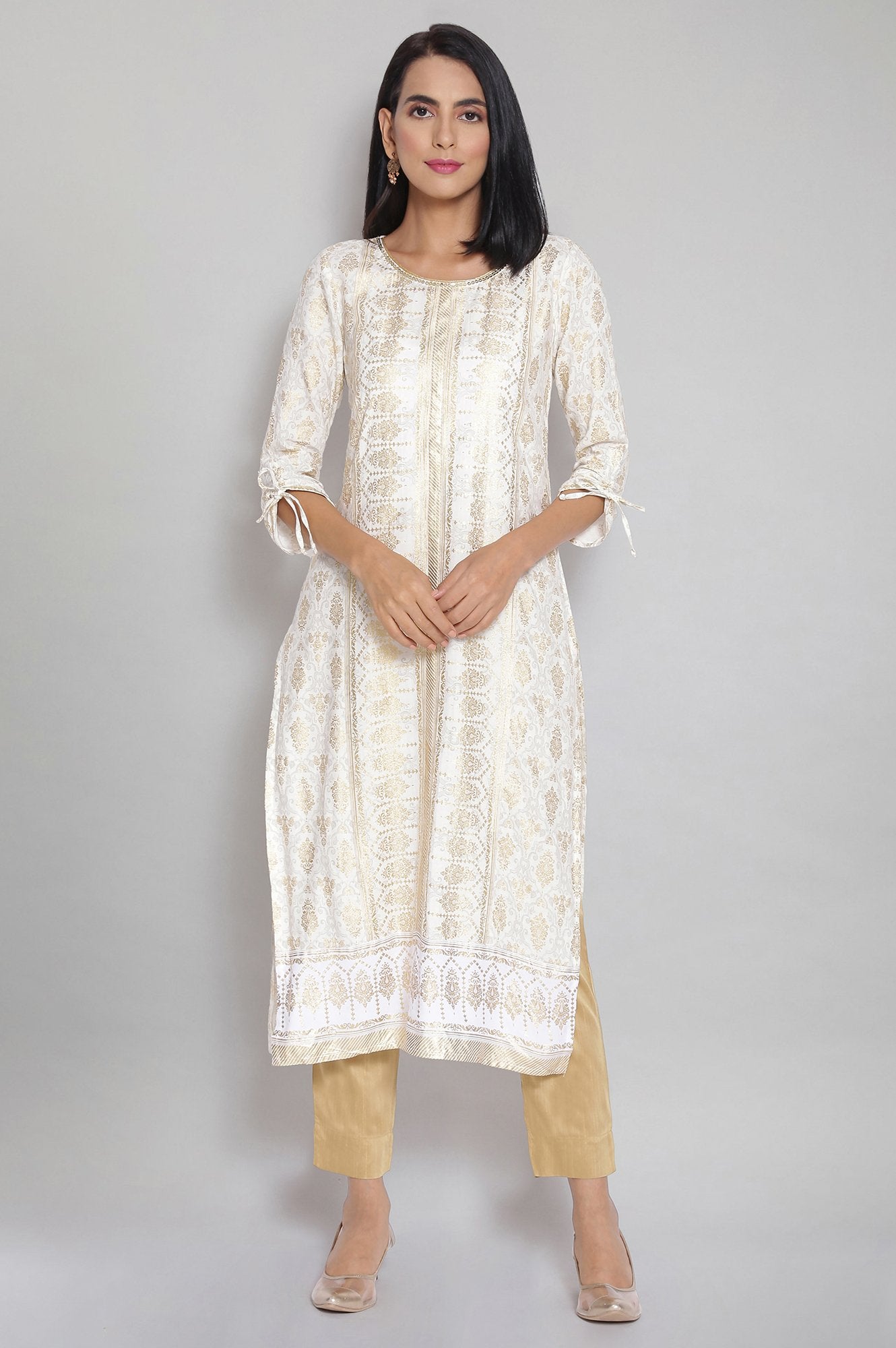 Stone White Round Neck Straight kurta