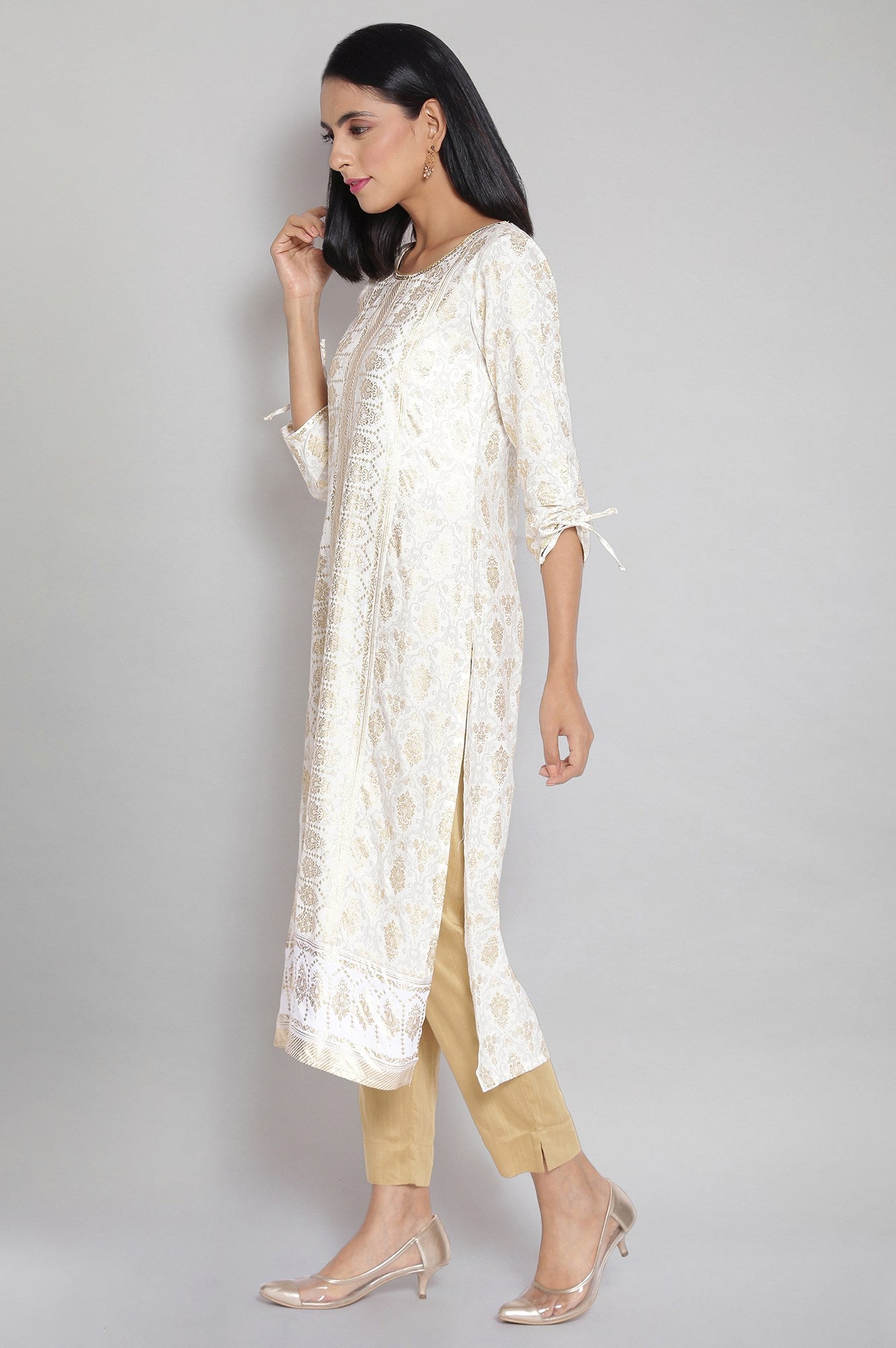 Stone White Round Neck Straight kurta