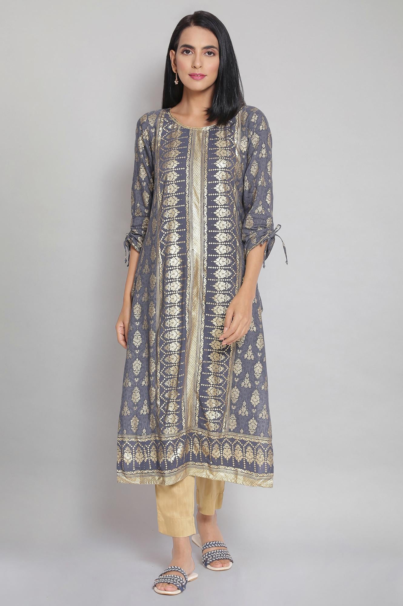 Grey Round Neck Printed Straight kurta