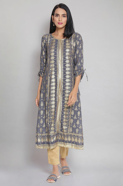 Grey Round Neck Printed Straight kurta