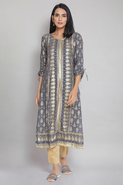 Grey Round Neck Printed Straight kurta