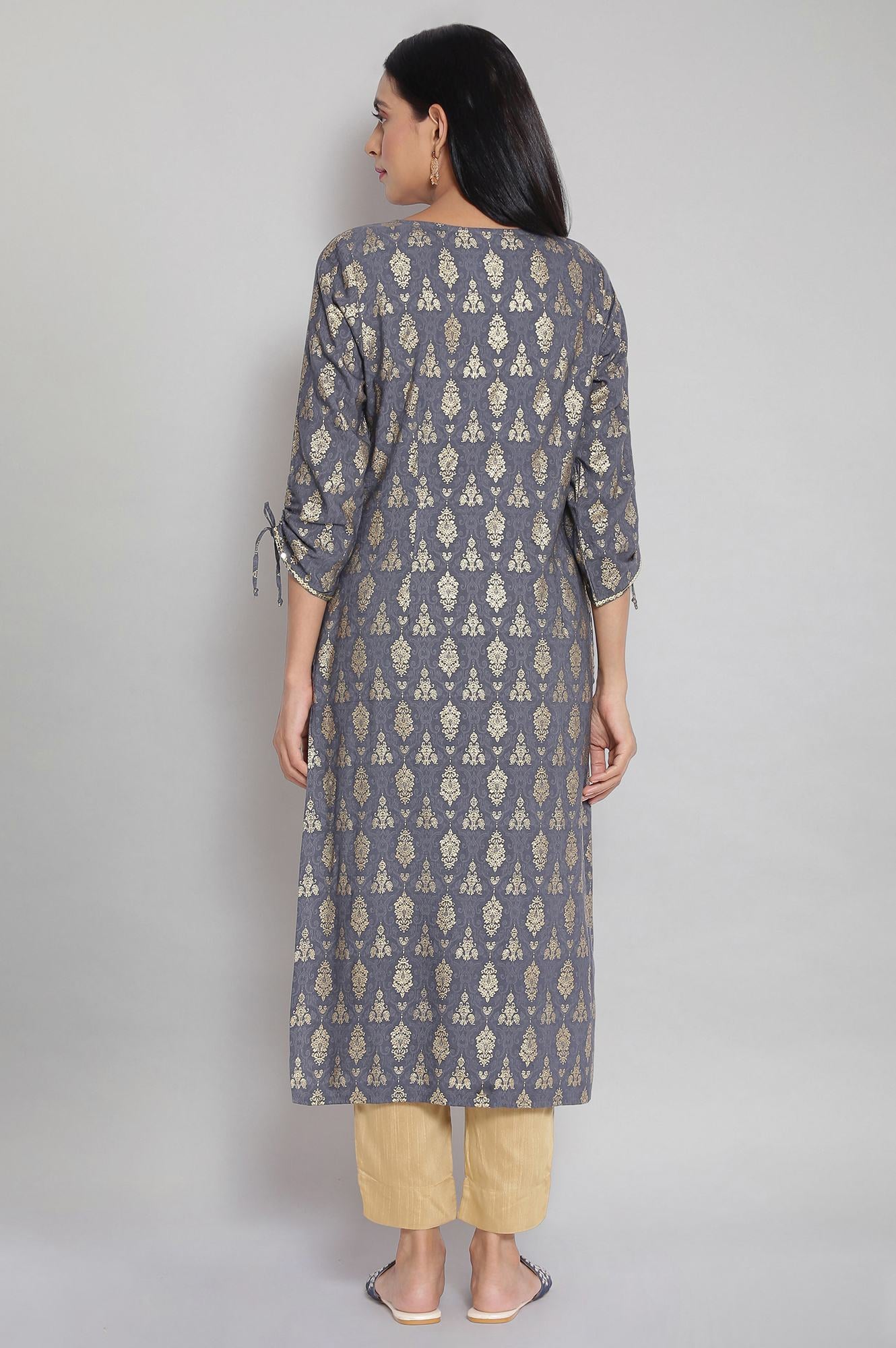 Grey Round Neck Printed Straight kurta