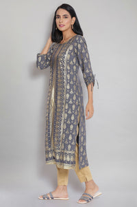 Grey Round Neck Printed Straight kurta