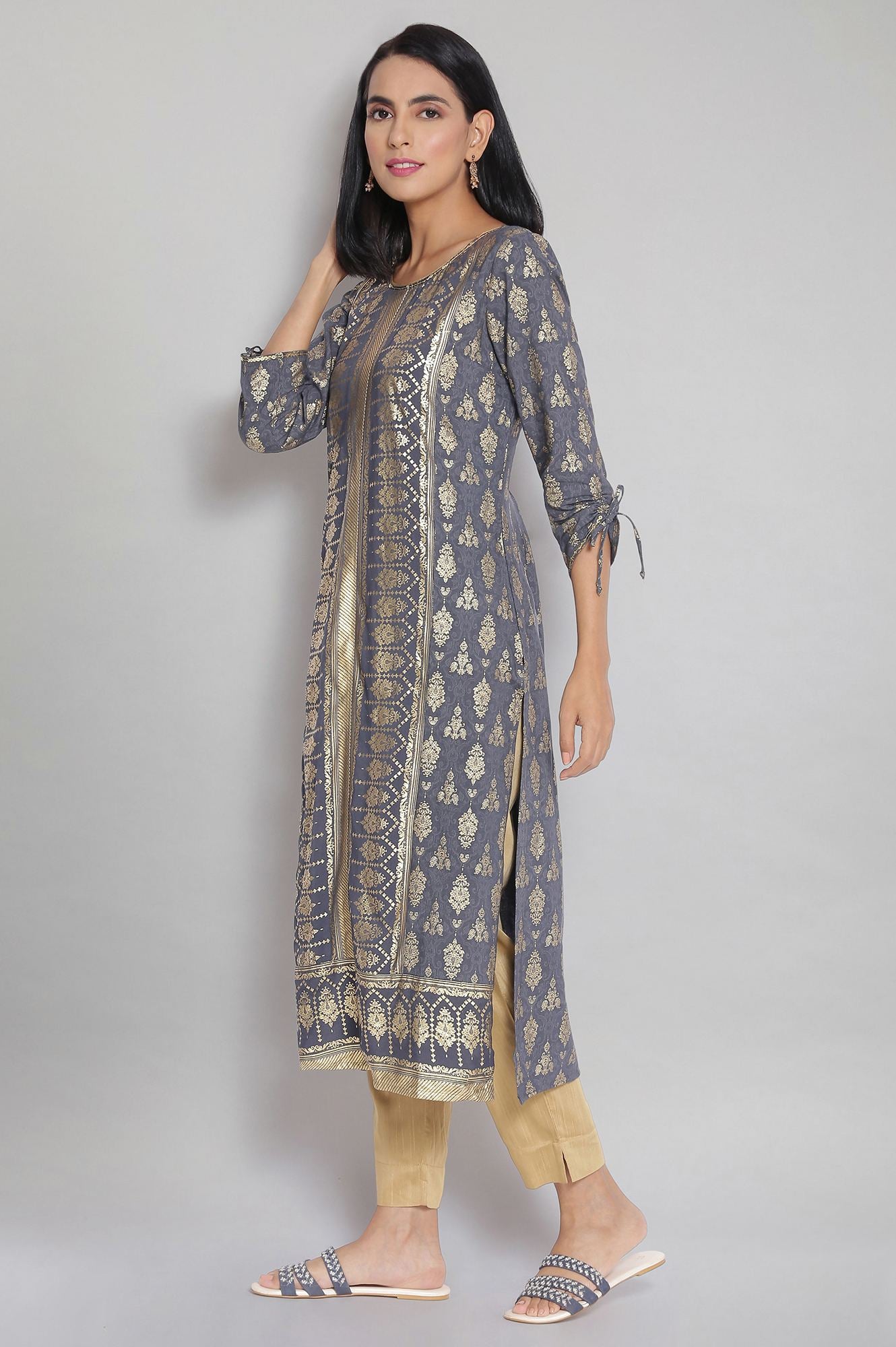 Grey Round Neck Printed Straight kurta