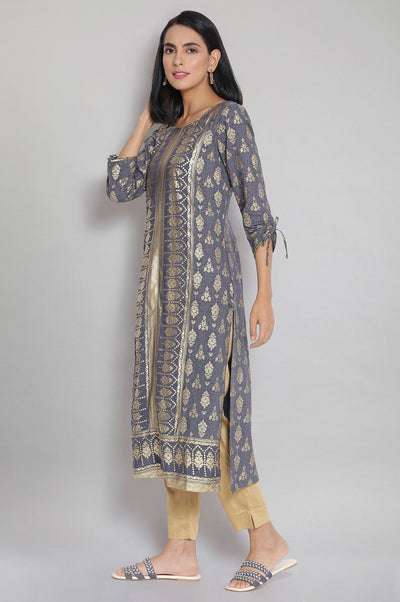 Grey Round Neck Printed Straight kurta