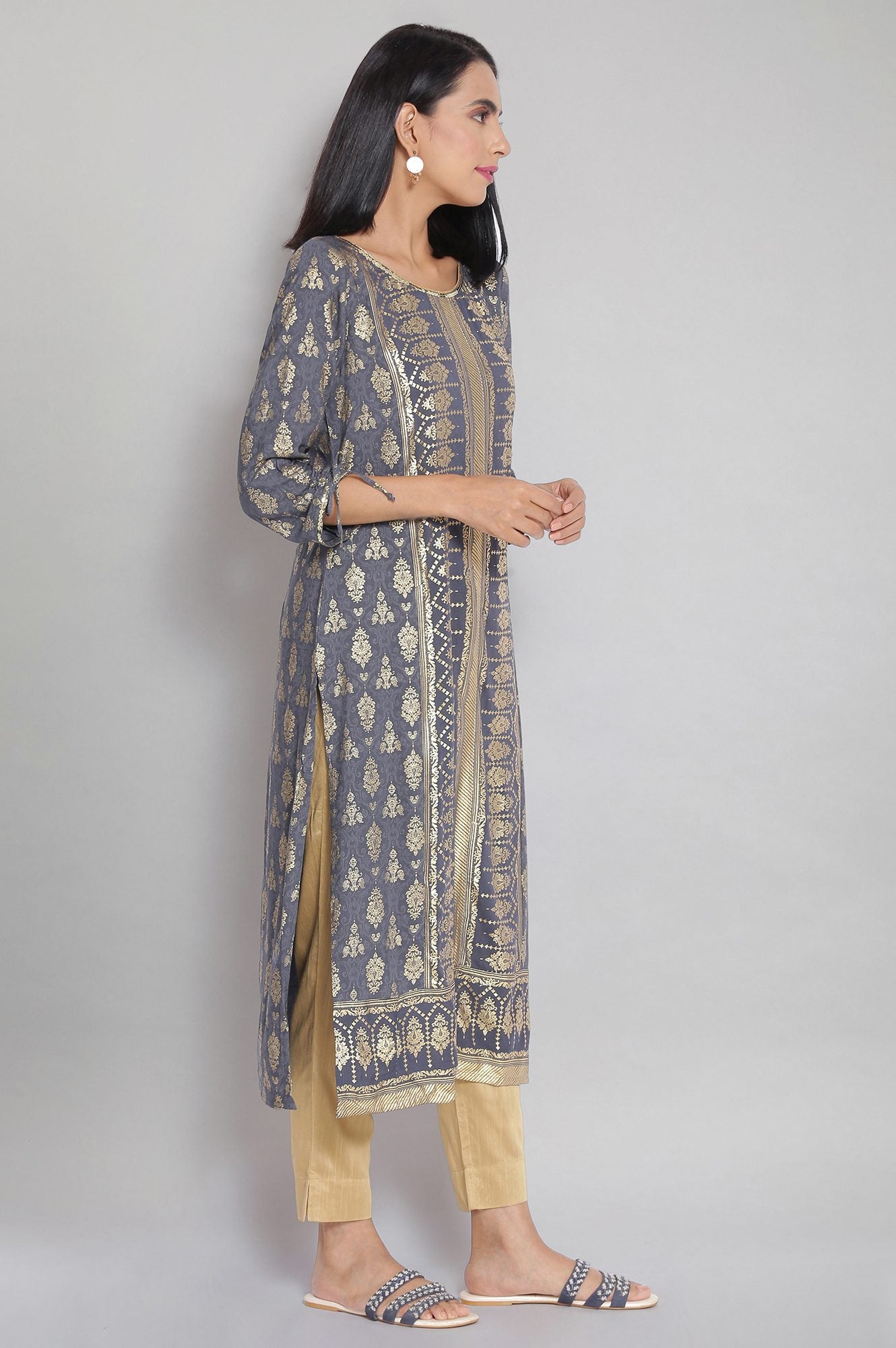 Grey Round Neck Printed Straight kurta